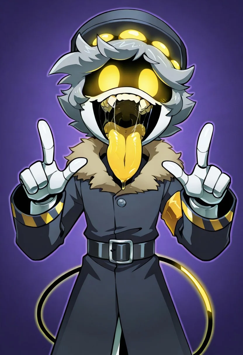 N-MD, robot, glowing eyes, yellow details, tail, four fingers, 4 fingers, humanoid, grey hair, short hair, headwear, clothed, coat, 1boy, solo, vore_mawshot, bodily fluids, saliva, teeth, tongue out, looking at viewer, saliva string