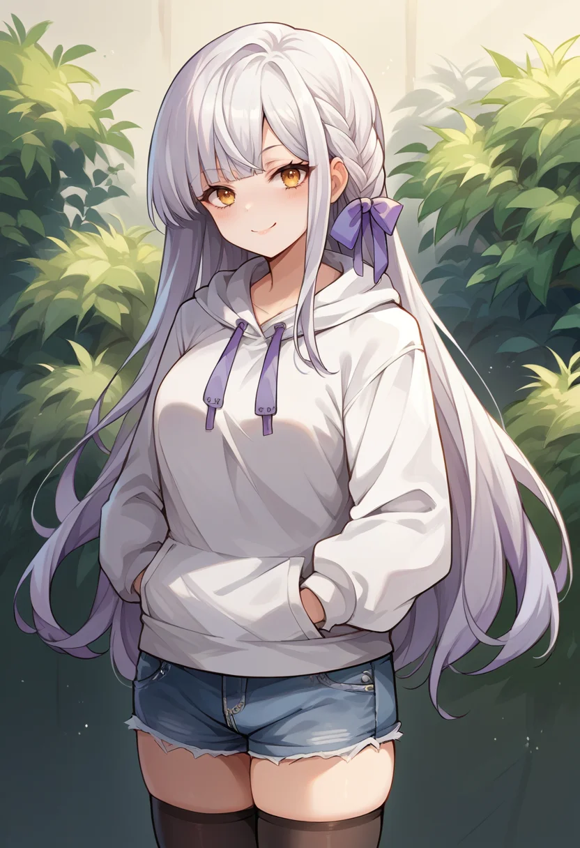 score_9, score_8_up, source_anime, 1girl, solo, KonKanaho, white hair, long hair, braid, hair ribbon, purple ribbon, white hoodie, denim shorts, black thighhighs, skindentation, hands in pockets, outdoors, smile, smug, <lora:ChamKonKanahoPonyXL:1>