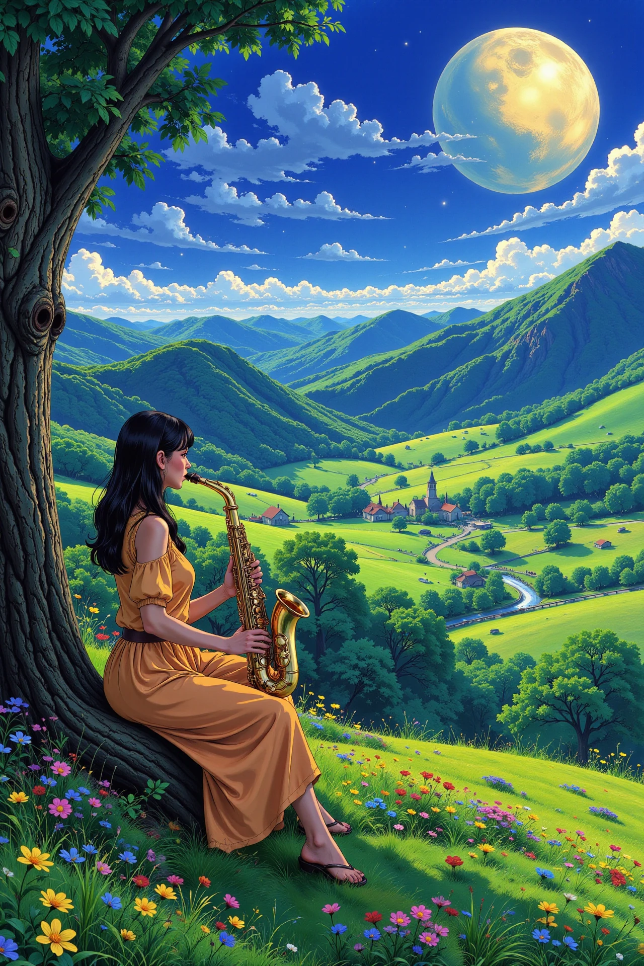 playing saxo beautiful  landscape, day, woman, very intricate, very detailed, sharp, bright, colorful, <lora:Hand v2:0.5> <lora:Anti-Blur:1><lora:Insane Detail Slider:0.25>  <lora:flux.1_lora_flyway_Epic-detail_v2:0.3> <lora:fluxenhancer:0.25> <lora:Anime_style:0.6> anime style