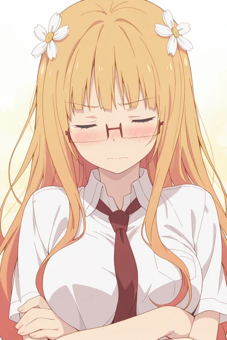 masterpiece, best quality, amazing quality,
<lora:Mitsuki_IL:1> mitsuki, 1girl, solo, long hair, glasses, closed eyes, blush, necktie, hair ornament, flower, hair flower, blonde hair, crossed arms, school uniform, upper body
