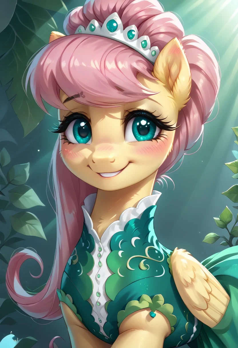score_9, score_8_up, score_7_up, score_6_up, score_5_up, score_4_up, my little pony, ((feral pony)), (FLUTTERSHY), 1GIRL, ((solo)), (sexy), (beautifully detailed pink long hair:1.0), (turquoise eyes:1.0), (detailed blush:1.5), (yellow fur:1.5), detailed shiny eyes, ((shy smile:1.5)), (beautiful), (light green foliage background:1.5), (green dress:1.5), (rendering quality), (green rose all around), (green crepuscular rays:1.5), (green butterflies)