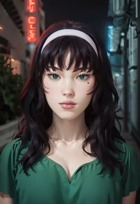 score_9, score_8_up, score_7_up, score_6_up, perfect face, perfect eyes, source_anime, vxtomiem, 1girl, black hair, hairband, solo, long hair, mole under left eye, green dress, <lora:tomie_maniac_pony:0.8>, <lora:SDXL_BetterFaces-LoRA_v1:0.85> 4ng3l face, in city, <lora:43stl1ght1ngXLP2:1> 43stl1ght1ng,