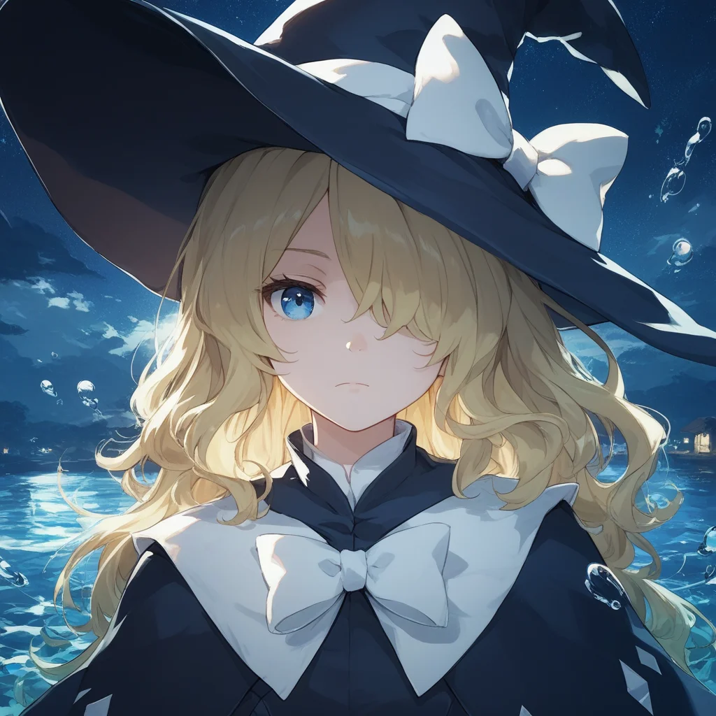score_9, score_8_up, score_7_up, score_6_up, marie-spearhead, toaru, 1girl, hat, blonde hair, solo, witch hat, blue eyes, long hair, hat bow, bow, looking at viewer, hair over one eye, capelet, closed mouth, anime coloring, white bow, upper body, sky, water, night