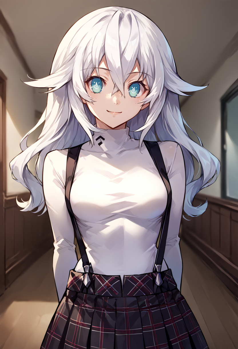 score_9, score_8_up, source_anime, 1girl, solo, BlackHeart, power symbol-shaped pupils, GirlSuspenders, white turtleneck, suspenders, plaid skirt, arms behind back, indoors, smile, <lora:ChamShuujinAcademyUniformPonyXL:1> <lora:ChamBlackHeartPonyXL:1>