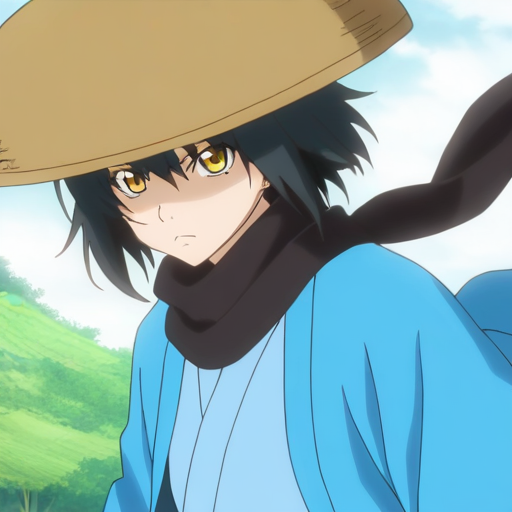 masterpiece, best quality, absurdres, detailed skin, anime colored, anime screencap,
1 girl, short hair, black hair, yellow eyes, serious, looking at viewer, 
<lora:kasa:1>, kasa, 
blue haori, black scarf,