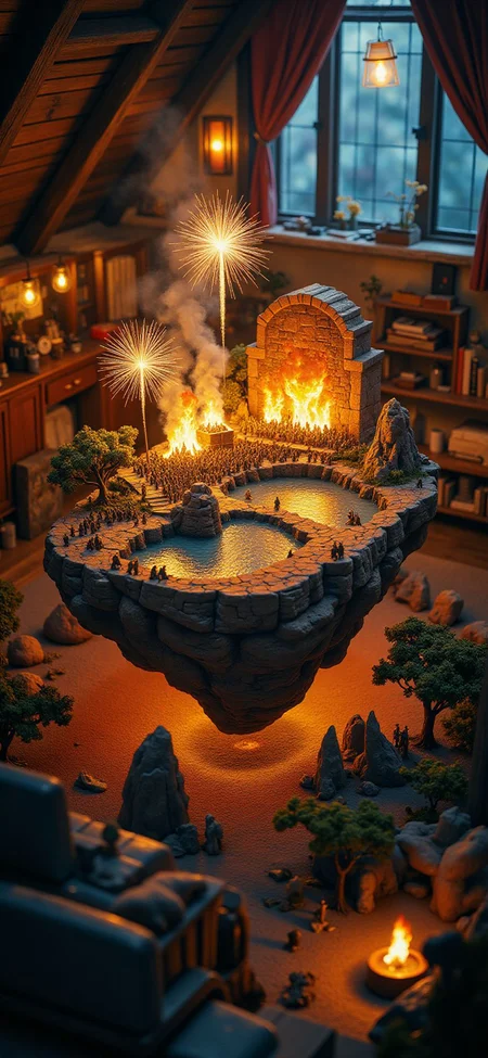 (indoor,very wide isometric view,tilt-shift lens:1.6), (windowless,fna_style,miniature,miniature,diorama,miniature,diorama,PVC,plastic:2),sunset desert,ruins,led with fiber lights,fireworks,concert with crowded at (floating island,levitating island:1.5) on (table:2) at (attic:2.5) <lora:Diorama_Flux:1>
<lora:Fantasy_Novel_Art_Style:1>