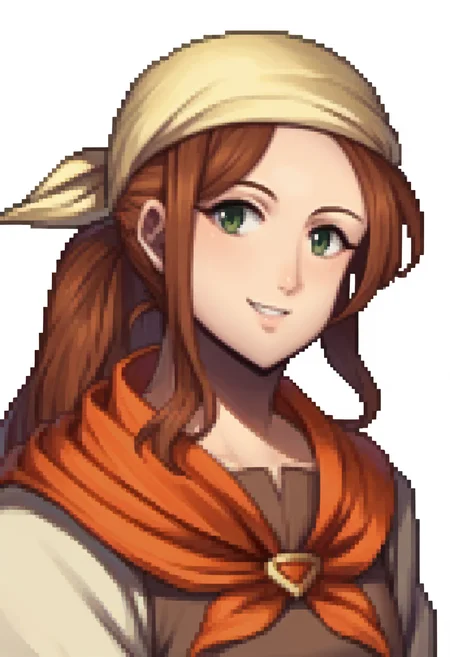 score_9, score_8_up, score_7_up, source_anime, BREAK, solo, 1girl, <lora:zs_FEDSPortraitsXL:1>, fedsportraits, portrait, white background, <lora:Fates-villager-maiden-pdxl_Fp:1>, fatesvillagemaiden, ponytail, bandana, brown hair, green eyes, brown shirt, long sleeves, neckerchief, pants, smile