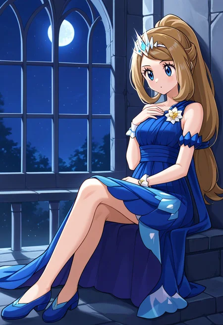 (1girl, solo), stone wall, window, sitting, on throne, moonlight, night scene, moon in the sky, purple hues, starry night, dreamlike atmosphere, glowing edges, mystical, high contrast, ethereal light,  light particles, long_ hair, bangs, blue_eyes, blonde_hair, dress, bare_shoulders, ponytail, official_alternate_costume, wrist_cuffs, eyelashes, blue_dress, blue_footwear, silver_tiara, serena_\(pokemon\), ncserena,full_body, close-up, masterpiece,amazing quality,very aesthetic,high resolution,ultra-detailed,absurdres,newest,ncserena, ((anime style, source anime)), (vibrant colors), [high saturation],score_9,score_8_up,score_7_up,source_anime