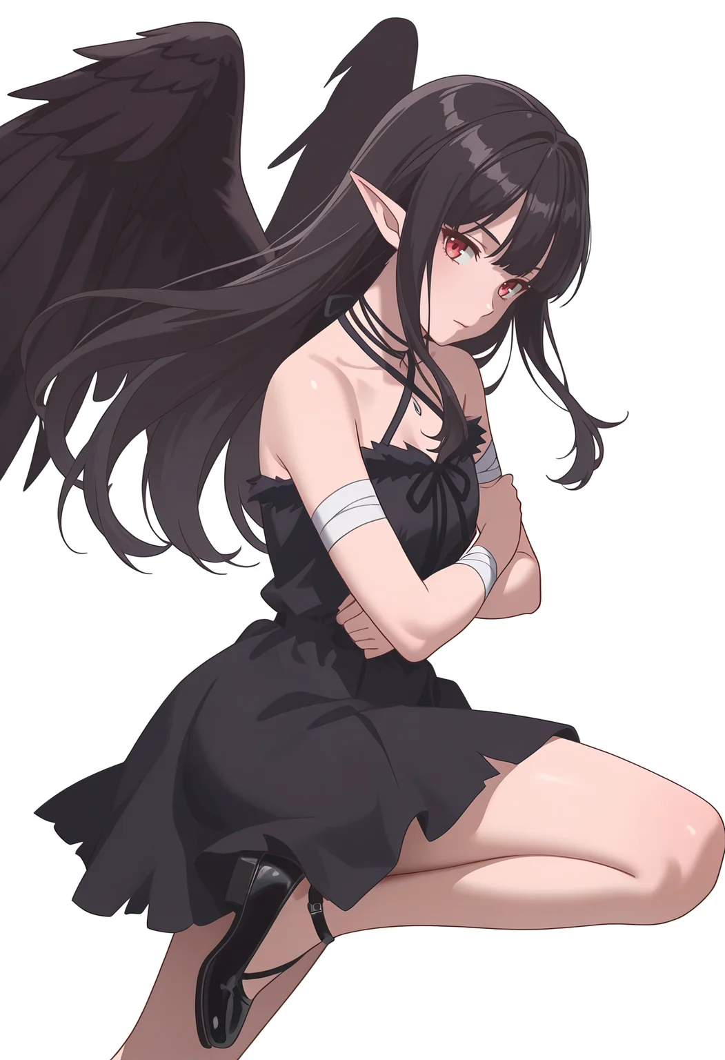 Smooth Quality,masterpiece,very intricate, high quality details, ultra realistic, high detailed skin,detailed enviorement,absurdres,
simple background, white background,
from side,color drain,dynamic pose, arms crossed, one leg bent, confident stance, slight head tilt, relaxed hands,  ,
 <lora:Reese_evecnn:0.8>evecnn,1girl, long hair, black hair, red eyes, pointy ears, bangs, black dress, sleeveless dress, halterneck, criss-cross halter, choker, shoes, black footwear, black wings, feathered wings, bandages,