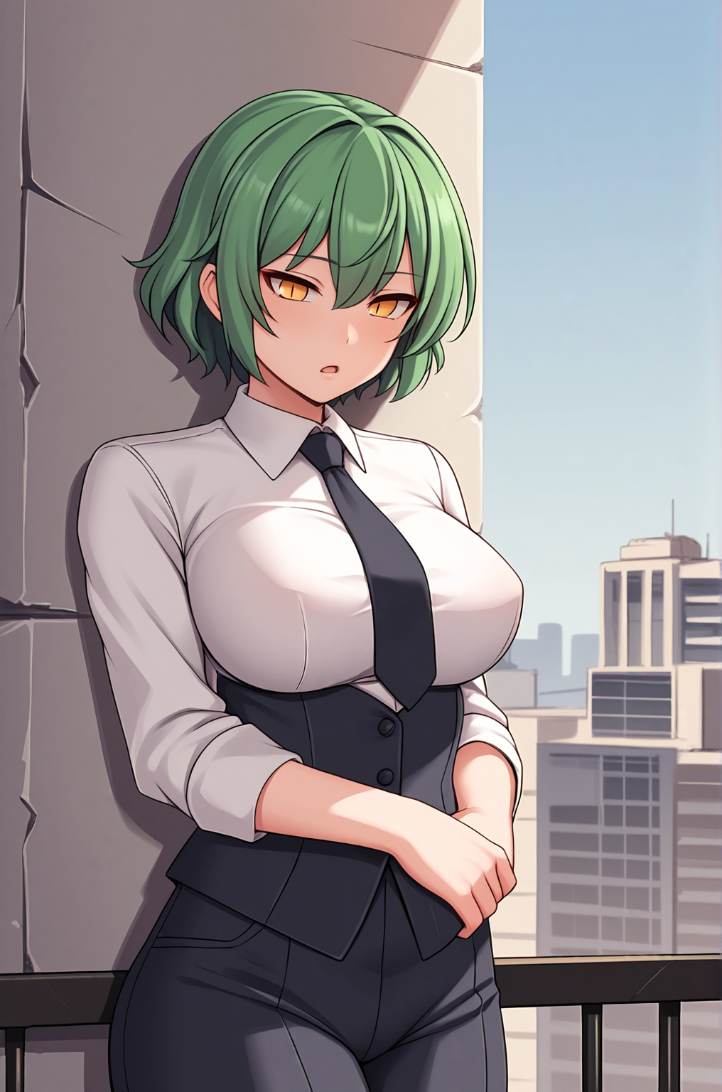 anime artwork, score_9, score_8_up, score_7_up, score_6_up, score_5_up, score_4_up, source_anime, BREAK, thick outline, fat outline,
Hikage_XL, yellow eyes, slit pupils, green hair, short hair, large breasts, BREAK, business suit, BREAK, outdoors, city,
<lora:Hikage_XL_r1:0.7>
<lora:PersonalAmi_PonyXL:1.0>