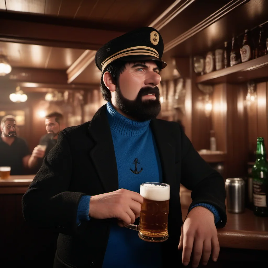cinematic photo a man ,black hair, blue shirt, black jacket, blush, black pant, facial hair, aving a beer in a cruiseboat pub <lora:Haddock1024:0.8> . 35mm photograph, film, bokeh, professional, 4k, highly detailed