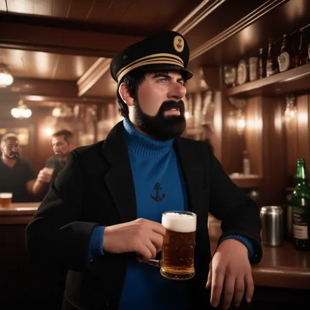 cinematic photo a man ,black hair, blue shirt, black jacket, blush, black pant, facial hair, aving a beer in a cruiseboat pub <lora:Haddock1024:0.8> . 35mm photograph, film, bokeh, professional, 4k, highly detailed