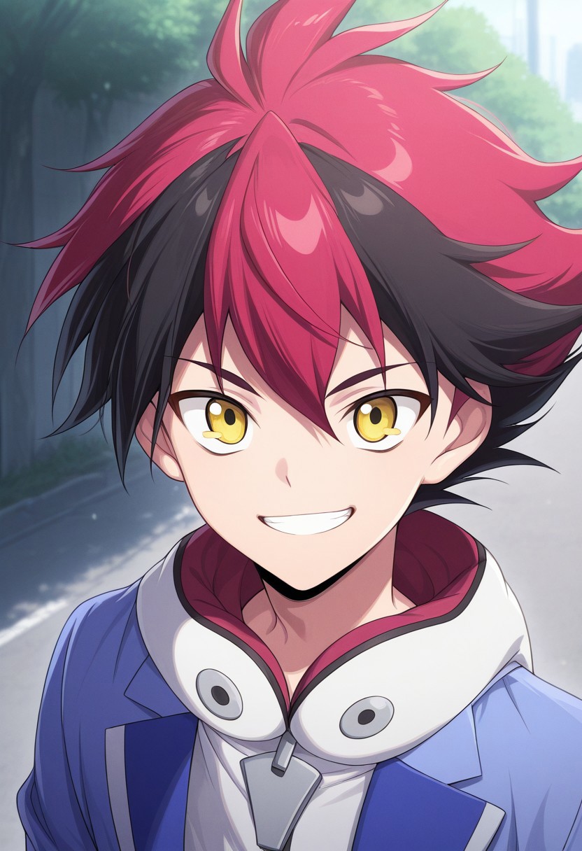 masterpiece,best quality,amazing quality, source_anime,
hiroryuga, 1boy, male focus, solo, yellow eyes, multicolored hair, red hair, black hair, hoodie, white hoodie, hood, jacket, blue jacket, open jacket, smile, grin, outdoor, portrait,