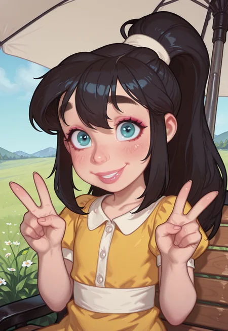 4k, fine detail, high quality eyes, masterpiece, best quality, amazing quality, geh1, 4s0r4, eigaka, possmach, artist:moriimee, 1 girl, solo girl, young, MelodyLM, melody, aqua eyes, black hair, ponytail, pink lips, lips, lipstick, makeup, thick eyebrows, yellow dress, white hairband, v, double v, smile, blush, sitting, upper body, umbrella, day