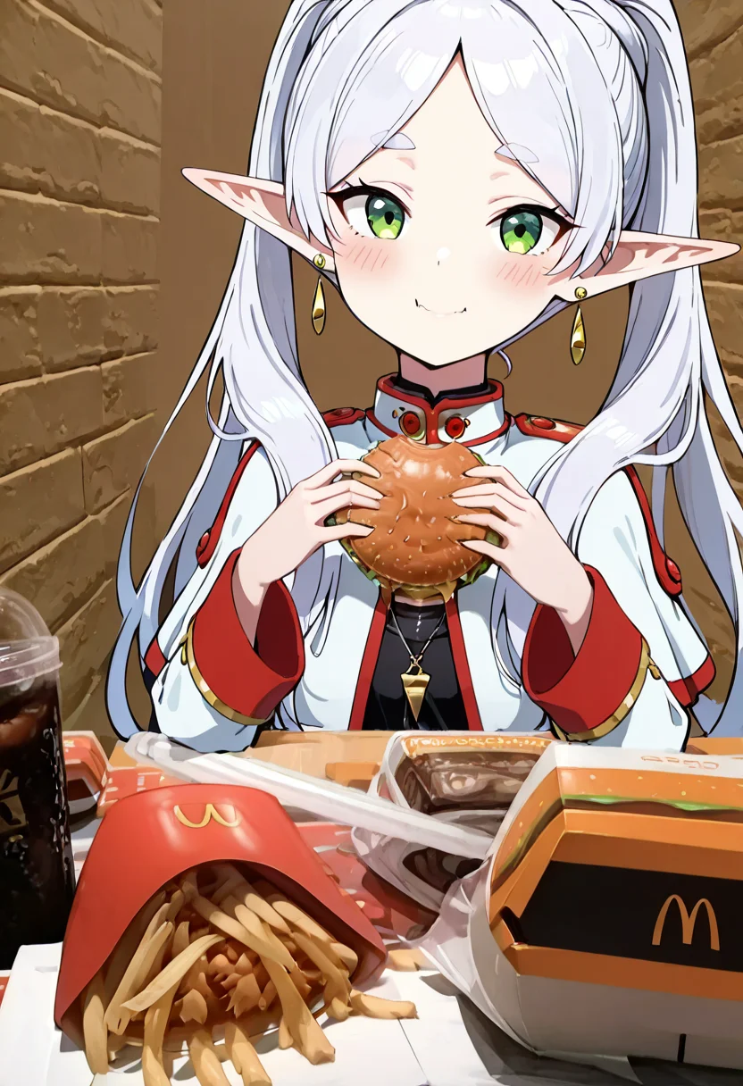 masterpiece, best quality, 1girl, solo, eyelashes, (beautiful eyes), McD4t3, long hair, looking at viewer, blush, smile, bangs, long sleeves, holding, twintails, jewelry, closed mouth, green eyes, jacket, white hair, earrings, pointy ears, indoors, parted bangs, capelet, eating, white jacket, holding food, elf, burger, french fries ,<lora:McDate_with_2D_Waifu_IXL:1.0>,