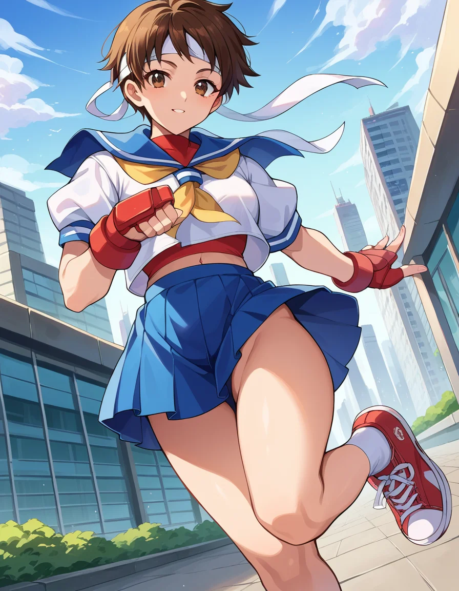 score_9, score_8_up, score_7_up, source_anime,
sakurakasugano, <lora:sakura-kasugano-ponyxl-lora-nochekaiser:1>,
sakura kasugano, brown eyes, brown hair, short hair, mature female,
ankle socks, blue skirt, crop top, headband, midriff, miniskirt, navel, sailor collar, school uniform, shoes, short sleeves, skirt, sneakers, socks, stomach, shirt, white shirt, white headband, gloves, red gloves,
outdoors, cityscape,
looking at viewer, dutch angle, cowboy shot,