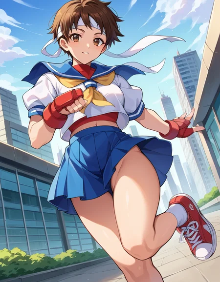 score_9, score_8_up, score_7_up, source_anime,
sakurakasugano, <lora:sakura-kasugano-ponyxl-lora-nochekaiser:1>,
sakura kasugano, brown eyes, brown hair, short hair, mature female,
ankle socks, blue skirt, crop top, headband, midriff, miniskirt, navel, sailor collar, school uniform, shoes, short sleeves, skirt, sneakers, socks, stomach, shirt, white shirt, white headband, gloves, red gloves,
outdoors, cityscape,
looking at viewer, dutch angle, cowboy shot,