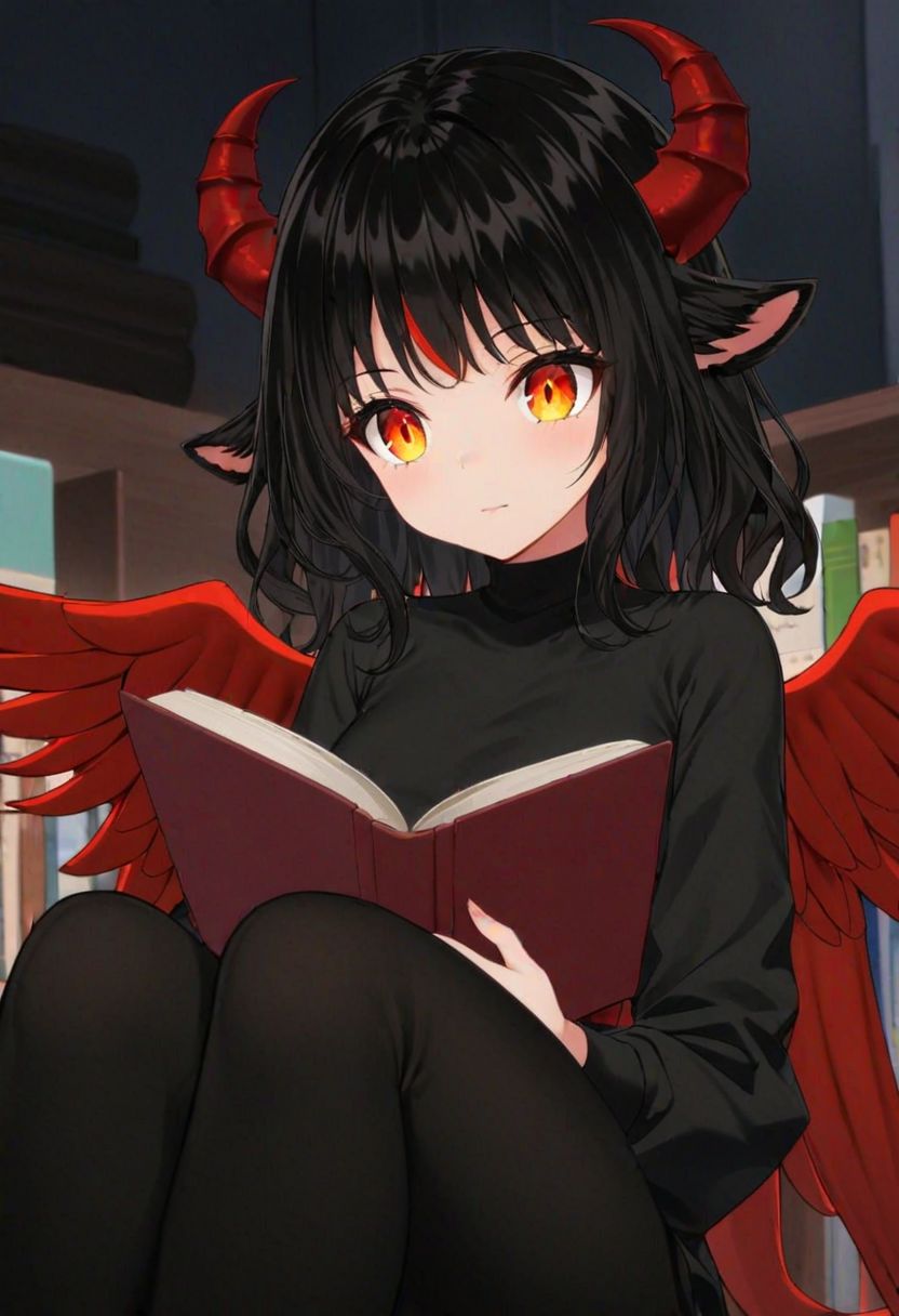 an anime girl with Long, flowing hair, often a staple in anime character design to emphasize femininity and a gentle nature. Big, expressive eyes, which are characteristic of anime characters, conveying a wide range of emotions and a sense of wonder. A poised posture while reading, suggesting a deep engagement with the material and a respectful attitude towards the act of learning. Subtle facial expressions, hinting at her thoughts and feelings as she absorbs the knowledge from the books. An attire that is both comfortable and classic, allowing her to spend long hours immersed in reading without distraction. Ultra HD red eye detailed with more books in background, jet black hair, orange eyes, black goat ears only, red goat horns, medium hair, orange eyes, blue eyeliner, no human ears, 2 wings, no wings on the head, Score_9, Score_8_up , Score_7_up, Score_6_up, Solo,