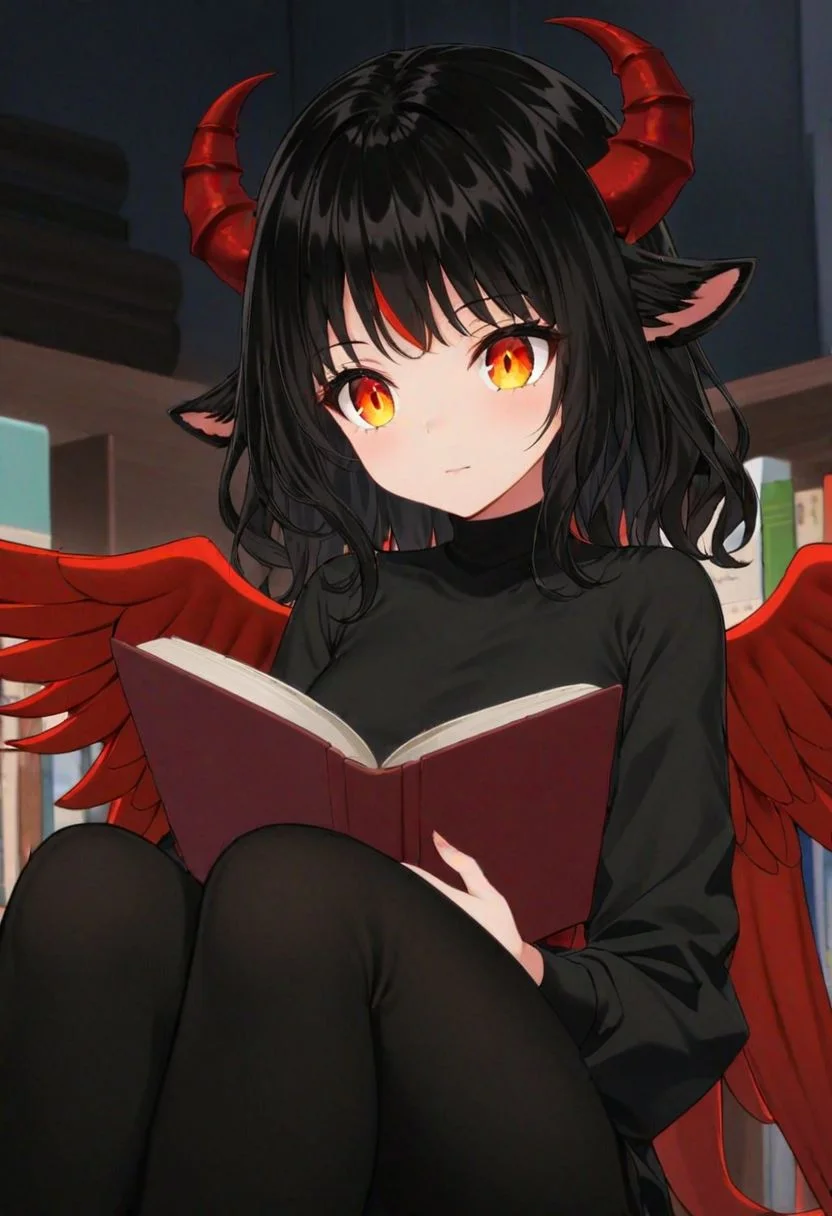 an anime girl with Long, flowing hair, often a staple in anime character design to emphasize femininity and a gentle nature. Big, expressive eyes, which are characteristic of anime characters, conveying a wide range of emotions and a sense of wonder. A poised posture while reading, suggesting a deep engagement with the material and a respectful attitude towards the act of learning. Subtle facial expressions, hinting at her thoughts and feelings as she absorbs the knowledge from the books. An attire that is both comfortable and classic, allowing her to spend long hours immersed in reading without distraction. Ultra HD red eye detailed with more books in background, jet black hair, orange eyes, black goat ears only, red goat horns, medium hair, orange eyes, blue eyeliner, no human ears, 2 wings, no wings on the head, Score_9, Score_8_up , Score_7_up, Score_6_up, Solo,
