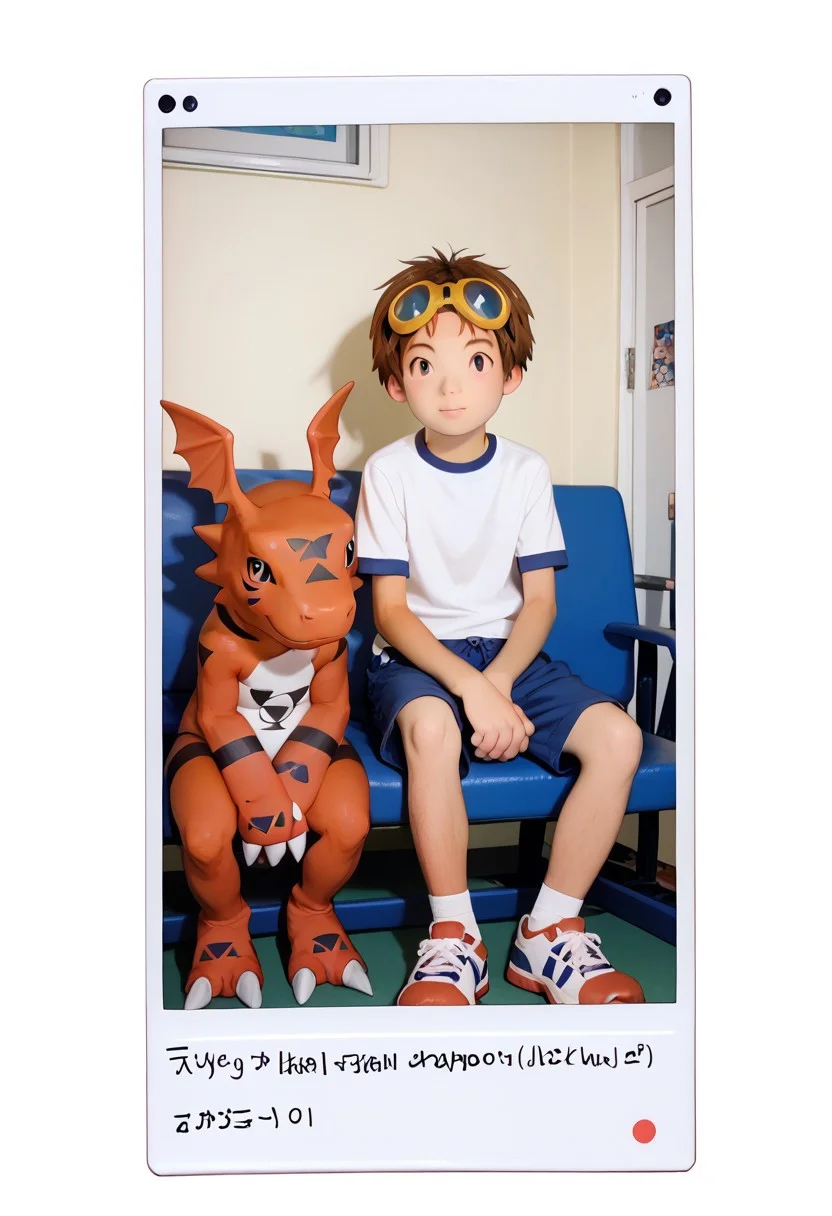 score_9, score_8_up, score_7_up, zPDXL2, 
,takato sitting chair hold guilmon,
1boy, solo, goggles on head, brown hair, jyojifuku, white shirt,  short sleeves, shorts, gym uniform,,,polaroid_photo,feral,digimon