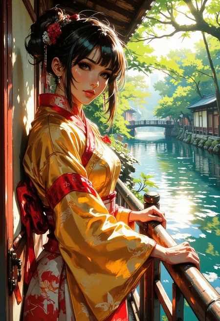 nistyle, image of stunning japanese woman, gold and red cheongsam, leaning on railing next to a pristine river, dappled sunlight, turning to face viewer