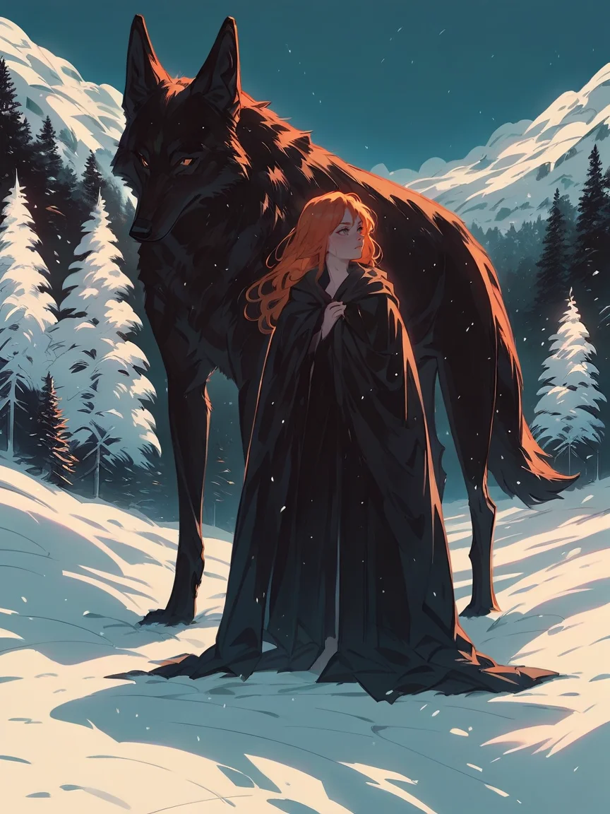 score_9, score_8_up, score_7_up, score_6_up, score_5_up,   <lora:snowXLP:0.8> snow, long hair, outdoors, tree, cloak, wolf, nature, standing, forest, pine tree, black cloak, sky, 1girl, solo, ginger hair