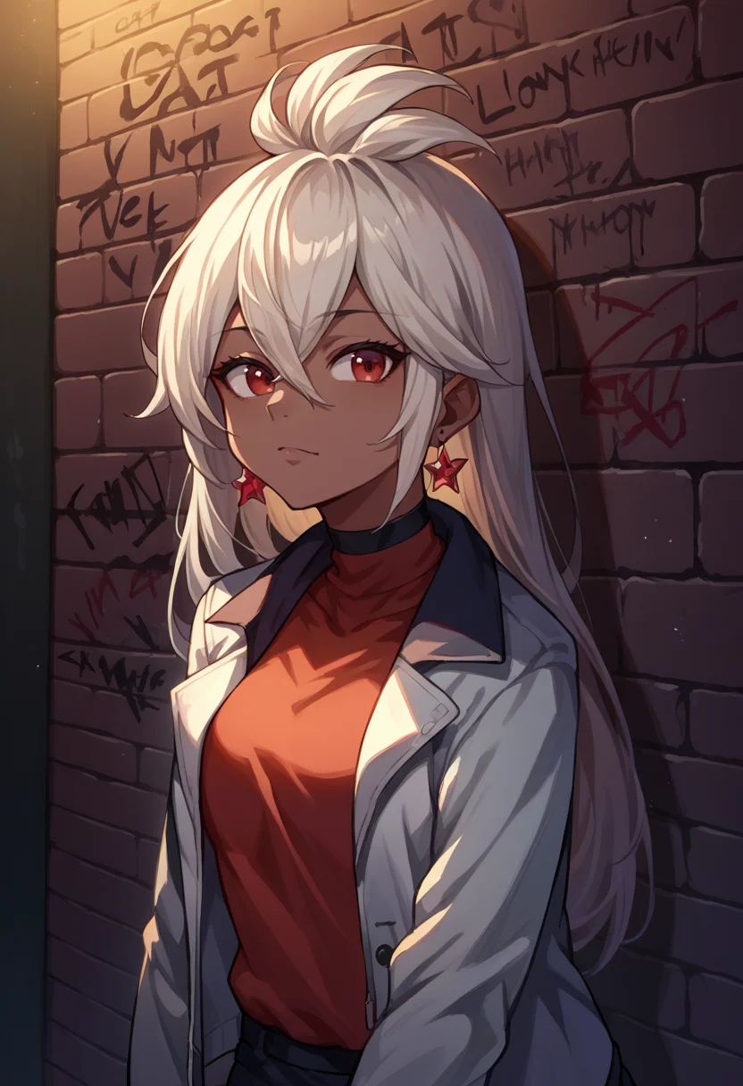 score_9, score_8_up, source_anime, 1girl, solo, Zooey, dark skin, long hair, ahoge, earrings, sharp eyes, choker, neon shirt, open jacket, turtleneck sweater, night, against wall, brick wall, graffiti, dim lighting, alley, looking at viewer, <lora:ChamZooeyGBPonyXL:1>