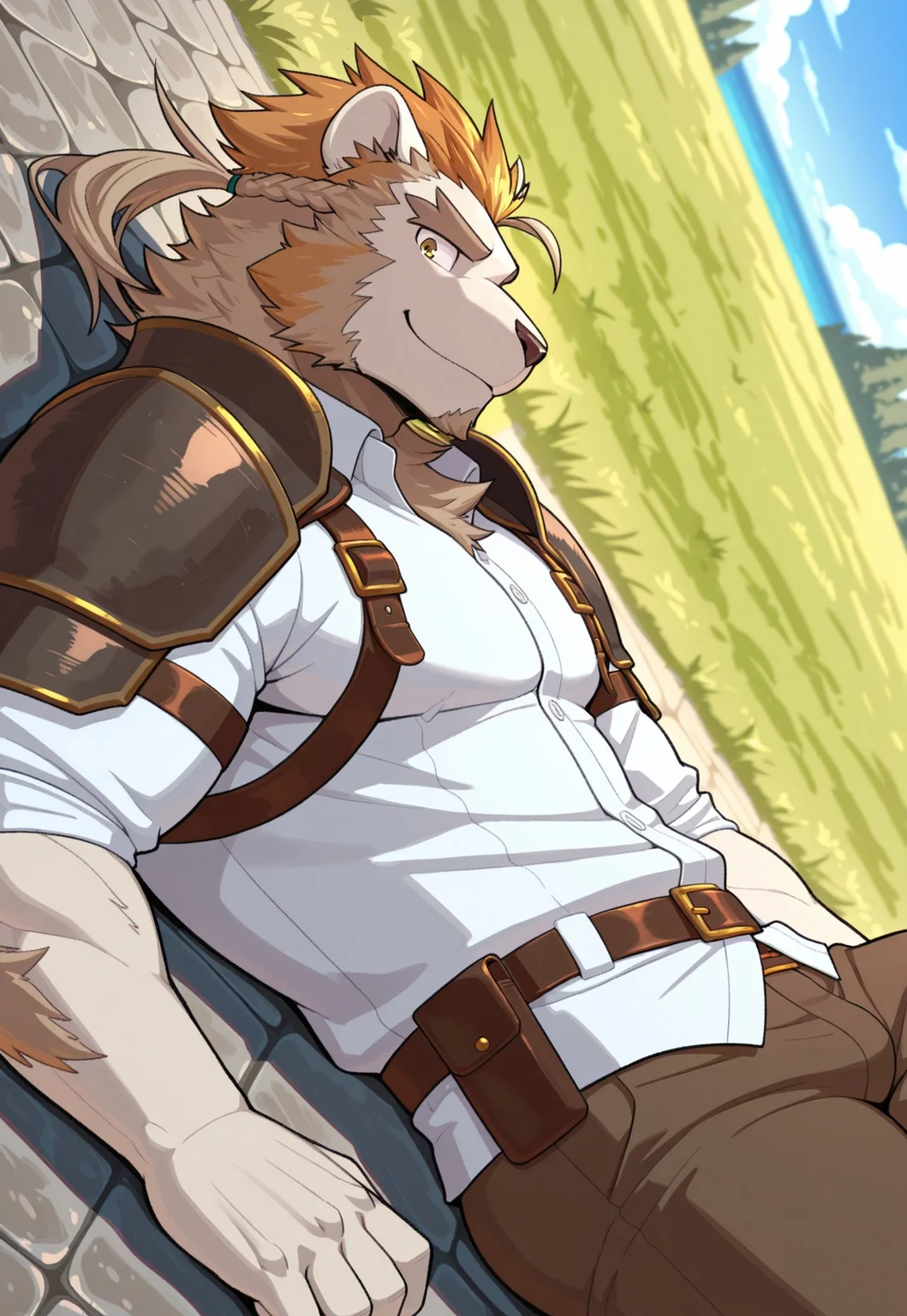 masterpiece, best quality, amazing quality, 1boy, solo, furry male, bara, lion boy, julius_quignard, shoulder armor, uniform, brown pants, pinning down, laying on back, stone floor, outdoors, medieval setting, looking at viewer, smile, from side, cowboy shot, dynamic angle