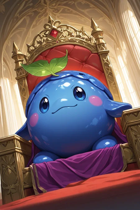 realistic shading, natural lighting, blueberry-creature focus, looking at viewer, smug expressive face, daberry, green_daberry_leaf on head, blue_daberry_hair, blue eyes, 1blueberry creature, pokemon (creature), furrowed brows, closed mouth, shiny skin, royal cosplay, purple cape, indoors throne room, on throne, fantasy, dynamic angle, intricately detailed illustration, depth of field, masterpiece, best quality, amazing quality, very aesthetic, absurdres, newest