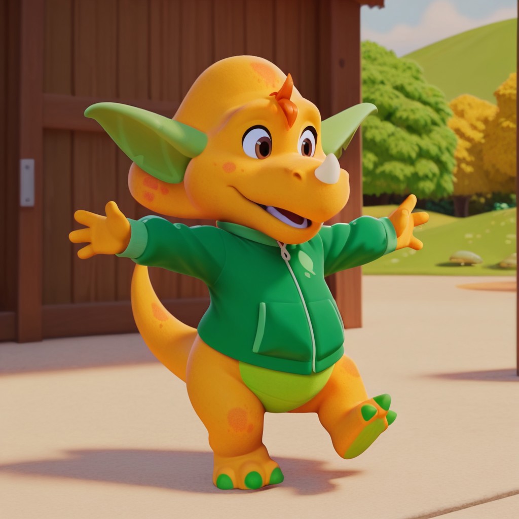 ((masterpiece, best quality, amazing quality,))  billybwil, semi-anthro, male, dinosaur, yellow skin, orange hair tuft, brown eyes, nose horn, green pointy ears, green jacket, solo, outside, outstretched arms, full body