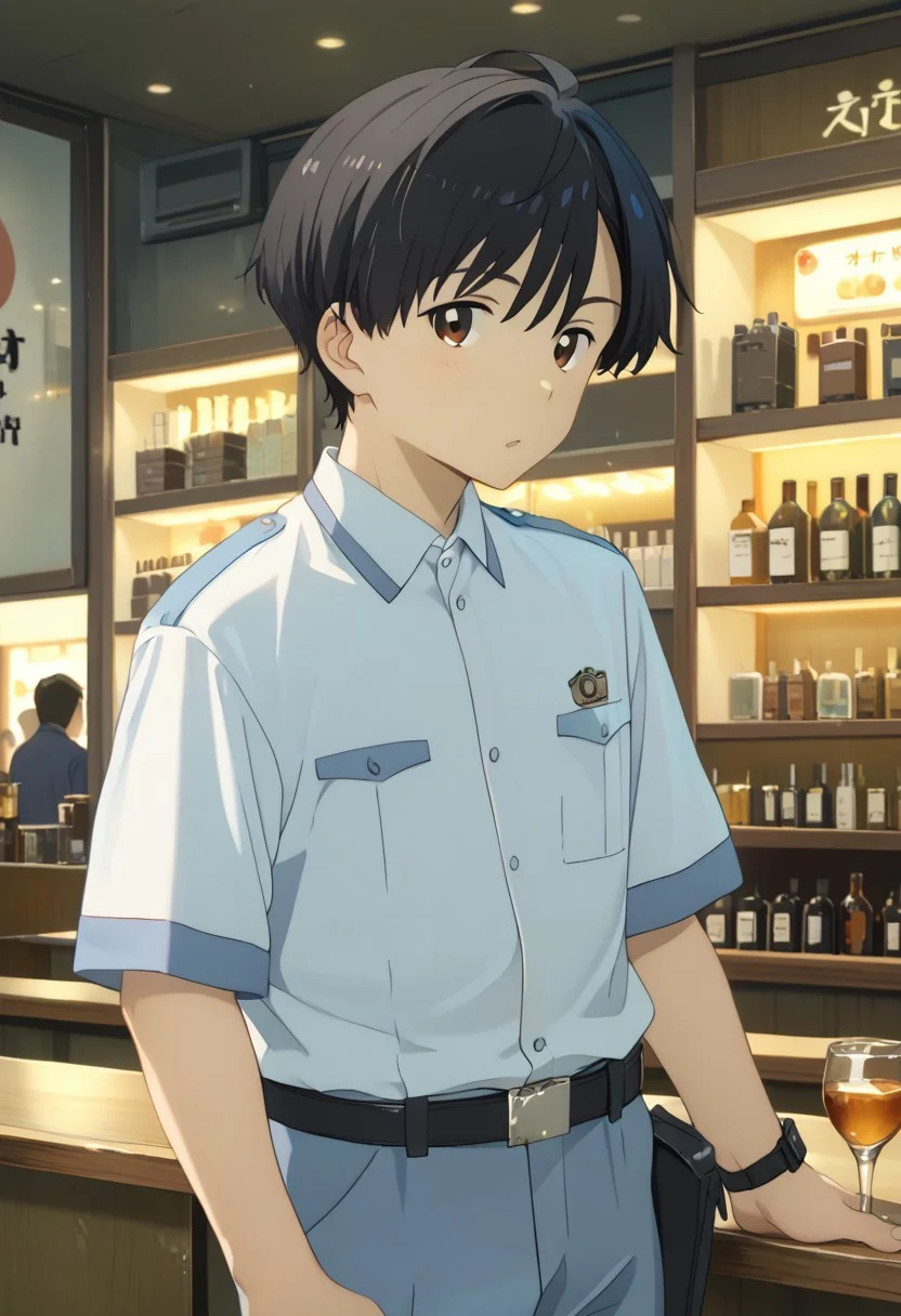 score_9, score_8_up, score_7_up, zPDXL2,
,
kazuhiko nukumizu, black hair, brown eyes, male Japanese Summer Police Uniform,light-blue collared shirt, rank slides,hip holster,Club