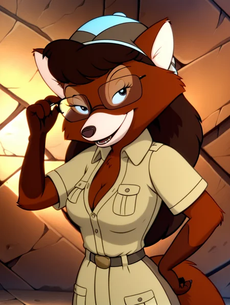 source_furry, 1girl, solo,  furry, furry female, tail,ultra high quality,ultra high resolution,ultra photorealistic,full body, seductive, very realistic,(extremely detailed), detailed background,,(masterpiece, best quality, high quality, highres, ultra-detailed),cartoon,<lora:Myra_Foxworthy_Talespin pony:0.9> cartoon, flat colors, brown fur, rectangular glasses, long hair, anthro, fox, brown eyes, medium breasts, long eyelashes, an image of myra foxworthy, olive blouse,ultra high detail,4k,ultra hd,high detailed head,, flat colors, brown fur, rectangular glasses, long hair, anthro, fox, brown eyes, medium breasts, cleavage,long eyelashes, an image of myra foxworthy, olive blouse,presenting breasts,leaning slighlty forward,standing,,seductive eyes,half closed eyes,facing viewer,desert dunes,cartoon ,posing seductive,perfect eyes,brown eyes,teeth,portrait,close up face,smirk,hand on glasses,upper body focus,