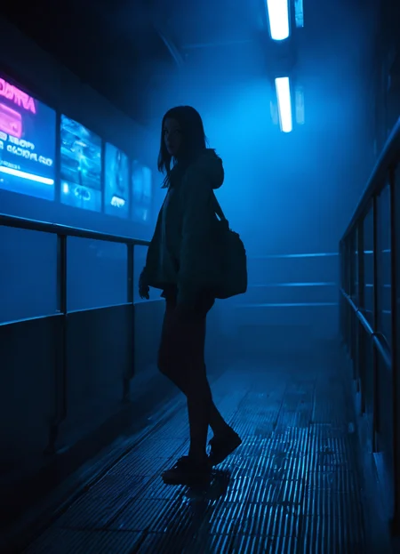 woman walking across glowing monorail platform, full-body view, neon color ads pulsing on walls behind her, ambient blue fog in air, light reflecting in puddles, robotic silhouettes blurred in background, Canon 35mm, cinematic lens flare,