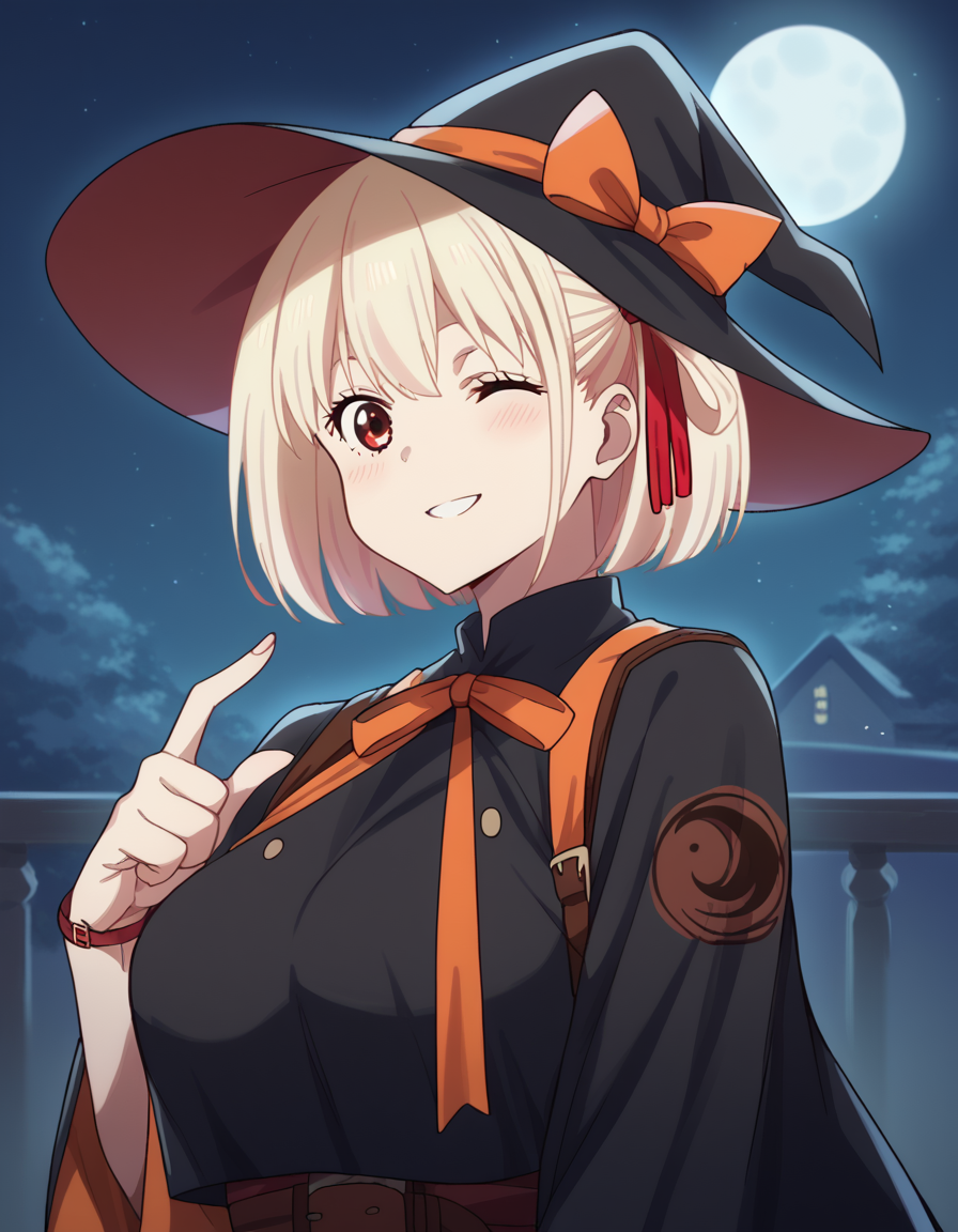score_9, score_8_up, score_7_up, source_anime, chisatonishikigi, <lora:chisato-nishikigi-s1-ponyxl-lora-nochekaiser:1>, chisato nishikigi, short hair, bangs, blonde hair, red eyes, hair ribbon, one side up, bob cut, large breasts,, <lora:witch-ponyxl-lora-nochekaiser:1>, witch, hat, witch hat, dress, halloween, halloween costume, jewelry,, night, moon, blush, smile, one eye closed,, looking at viewer