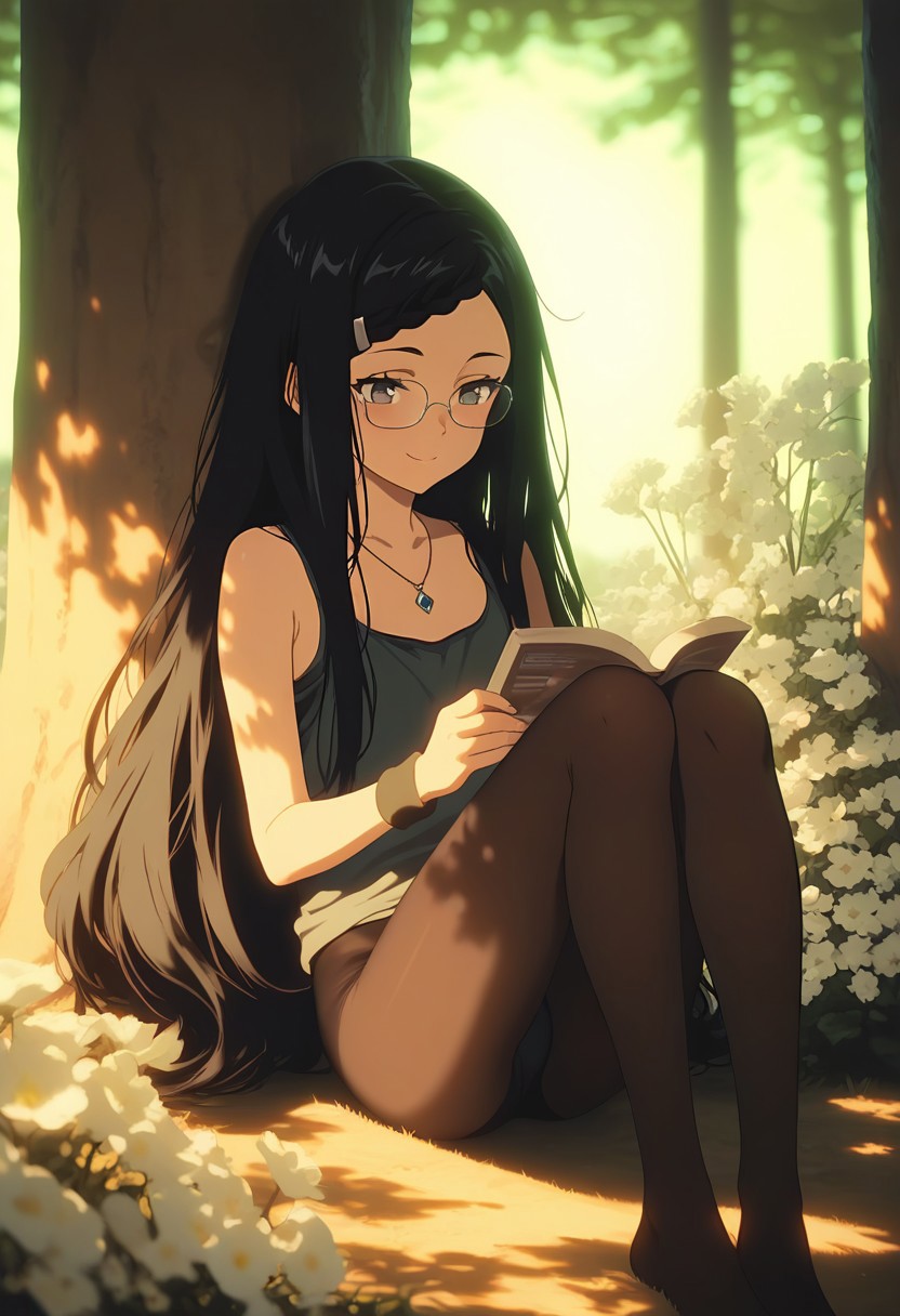 masterpiece, best quality, amazing quality, LDSCH, aesthetic, dynamic lighting, volumetric lighting, ambient light, soft light, solo, 1girl, japanese, tank_top, sitting_in_tree, dappled_sunlight, reading, (light_smile:0.85), square glasses, wristband, very_long_hair, braided_bangs, pendant, slim_legs, flat_chest, black_pantyhose, legs_folded, complementary_colors, scenery, sidelighting, black_hair, dogwood_\(flower\), strap_on, masterpiece, best quality, good quality, high detail