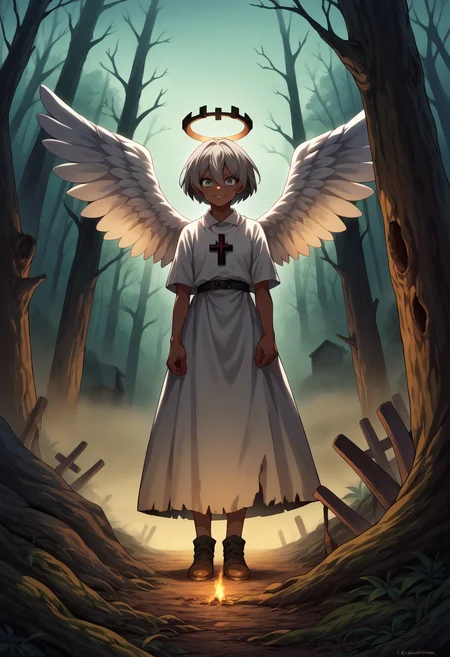 score_9, score_8_up,score_7_up, source_anime, 1girl, solo, <lora:EPpkBea:1>, short hair, grey hair, dark-skinned female, dark skin, hair between eyes, grey eyes, Saitou, vampire slayer, cross, cabin, woods, fog, horror \(theme\), angel wings, halo, aura, holy, darkness, evil smile,