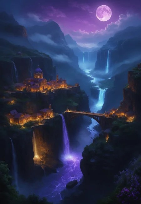 Under the calming glow of a purple crescent moon, a bright and wonderous landscape unfolds . A vibrant, and glowing brown lumenarium flying ship flies over a wonderful landscape of  great, yet lush canyones  with waterfalls.  Its black paint contrasts starkly with the wonderous atmosphere. In the background, more waterfalls cascades down jagged rocks,the water glistening in the moonlight. urithiru, tower city, up on a mountain,  Thick,s wirling clouds loom overhead,adding to the sense of a magical presence. The moonlight filters through the clouds,casting an otherworldly glow over the scene. The air is thick with mysticism,as if the very night holds ancient secrets and powerful magic.  [romantic impressionism,dream scenery art,beautiful oil matte painting,romantic,style of thomas kinkade,beautiful digital painting,anime landscape,romantic painting,dreamlike digital painting,colorful painting,beautiful gorgeous digital art,style of greg rutkowski,janek sedlar,jenny saville:0]  <lora:vivid_everclear:0.35>  <lora:Sinozick:0.35>  <lora:MJ52:0.35>, view from above
 (8k uhd:1,4)
 <lora:add-detail-xl:1>
 <lora:Dynamic Poses:1>