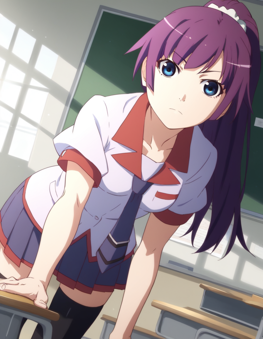 score_9, score_8_up, score_7_up, source_anime,
hitagisenjougahara, <lora:hitagi-senjougahara-anime-ponyxl-lora-nochekaiser:1>,
hitagi senjougahara, long hair, bangs, ponytail, sidelocks, scrunchie, blue eyes, purple hair,
skirt, thighhighs, school uniform, necktie, black thighhighs, zettai ryouiki, naoetsu high school uniform,
indoors, classroom, bent over,
looking at viewer, cowboy shot, dutch angle,