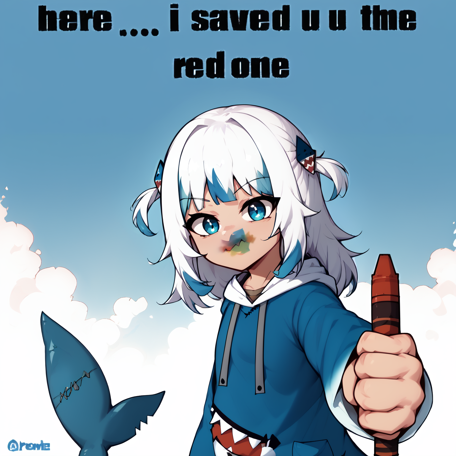 <lora:guraXL:1>,  gawr gura, blue hoodie, two side up, shark hair ornament, shark tail
 <lora:NSRedOneMeme:1.2>, (NSRedOneMeme:1.1), upper body, holding, english text, from side, looking at the viewer