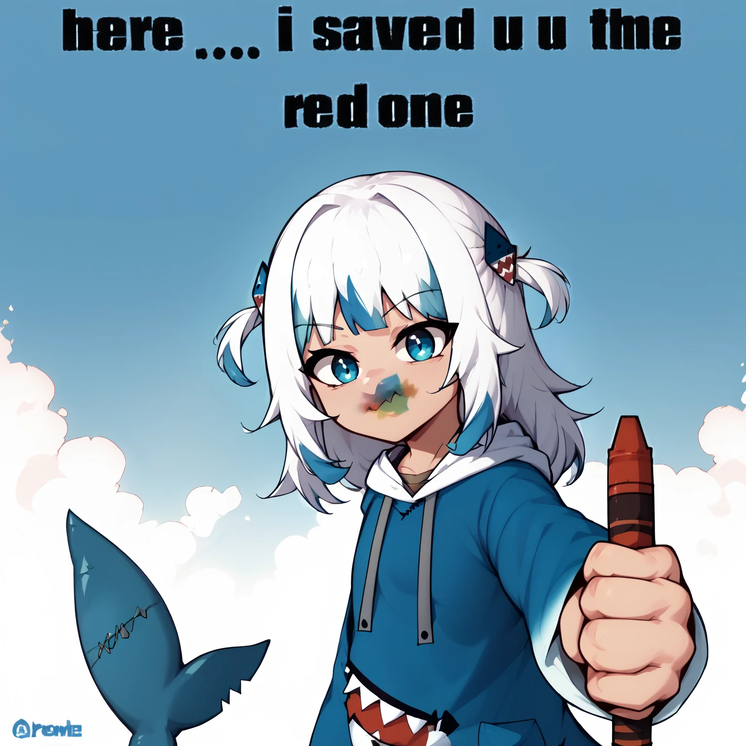 <lora:guraXL:1>,  gawr gura, blue hoodie, two side up, shark hair ornament, shark tail
 <lora:NSRedOneMeme:1.2>, (NSRedOneMeme:1.1), upper body, holding, english text, from side, looking at the viewer