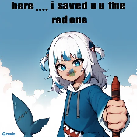 <lora:guraXL:1>,  gawr gura, blue hoodie, two side up, shark hair ornament, shark tail
 <lora:NSRedOneMeme:1.2>, (NSRedOneMeme:1.1), upper body, holding, english text, from side, looking at the viewer
