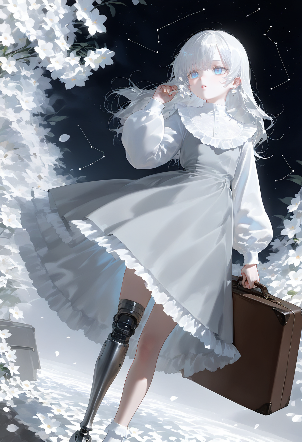1girl,dress,solo,flower,blue eyes,constellation,long hair,white dress,star \(sky\),holding,suitcase,petals,long sleeves,sky,prosthetic leg,white hair,starry sky,white flower,hand up,night,parted lips,socks,night sky,standing,prosthesis,dutch angle,briefcase,grey dress,pale skin,frills,earrings,holding suitcase,jewelry,puffy long sleeves <lora:nyaliaXL_NBVP1_lokr_V6311P:0.95>