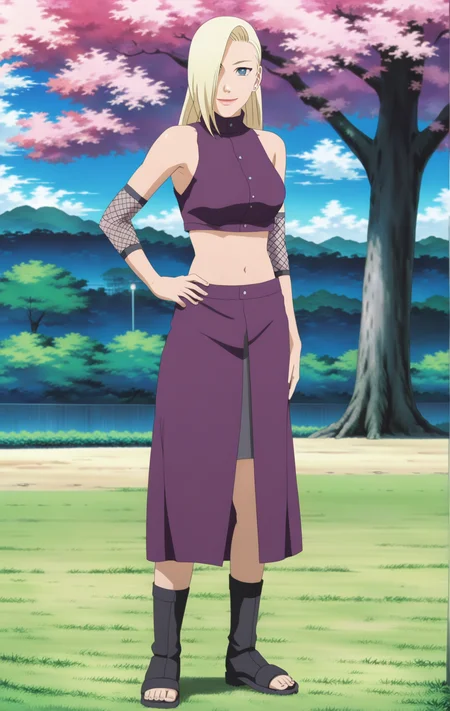 (masterpiece, best quality:1.1), 8k, hdr, high resolution, A highly detailed, extremely high quality artwork of ino yamanaka, woman, 25 y.o., blank period, long hair, cute smile, beautiful face, cute, beautiful lips, long skirt, purple apron skirt, purple high-collared blouse, mesh arm warmers, toeless footwear, midriff, navel, standing, full body, cowboy shot, bokeh effect, in style of Masashi Kishimoto (anime coloring, anime screencap, Naruto anime style), outdoors, park in background, <lora:add-detail-xl:1>, <lora:Ino_Yamanaka_sdxl_v1:1>