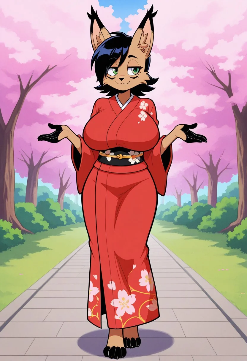good quality, best quality, masterpiece, absurdres, high resolution, anime screencap, anime coloring, traditional media, 1girl, masterpiece, best quality, amazing quality, very aesthetic, high resolution, ultra-detailed, masterpiece, best quality, amazing quality,1girl,solo,,furry,fur,body fur, furry female, huge breasts,happy expression,, kimono, traditional_clothing, floral_pattern, elegant, serene_expression, detailed_fabric, , intricate_designs, cherry_blossoms, nature_background,, high_quality, detailed_eyes, graceful_pose, cultural_aesthetic, fanart,standing,upper body ,ByCooliehigh,Nicole_The_Lynx,Lynx, Light brown fur,Green eyes,Black hair,Black Tipped Feet,Black Tipped Hands,Black Tipped Ears,stripe along the bridge of the nose as well as one under each eye, Pointy Ears, Short tail, Light Brown Skin,