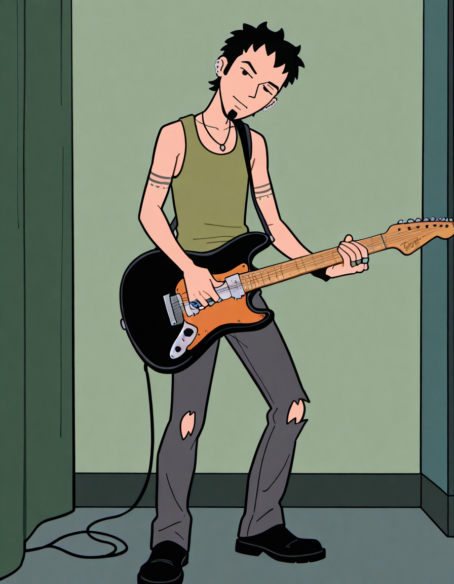 masterpiece, best quality, absurdres, newest, perfect quality, best quality, absolutely eye-catching, detailed background, intricate details, anime, male focus, <lora:Daria - Trent Lane - Illustrious-000010:0.8>, trentlane, 1boy, mature male, black hair, black eyes, goatee, multiple earrings, green tank top, necklace, single wristband, multiple rings, black pants, torn pants, black shoes, head tilt, looking at viewer, indoors, holding guitar