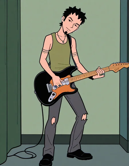 masterpiece, best quality, absurdres, newest, perfect quality, best quality, absolutely eye-catching, detailed background, intricate details, anime, male focus, <lora:Daria - Trent Lane - Illustrious-000010:0.8>, trentlane, 1boy, mature male, black hair, black eyes, goatee, multiple earrings, green tank top, necklace, single wristband, multiple rings, black pants, torn pants, black shoes, head tilt, looking at viewer, indoors, holding guitar