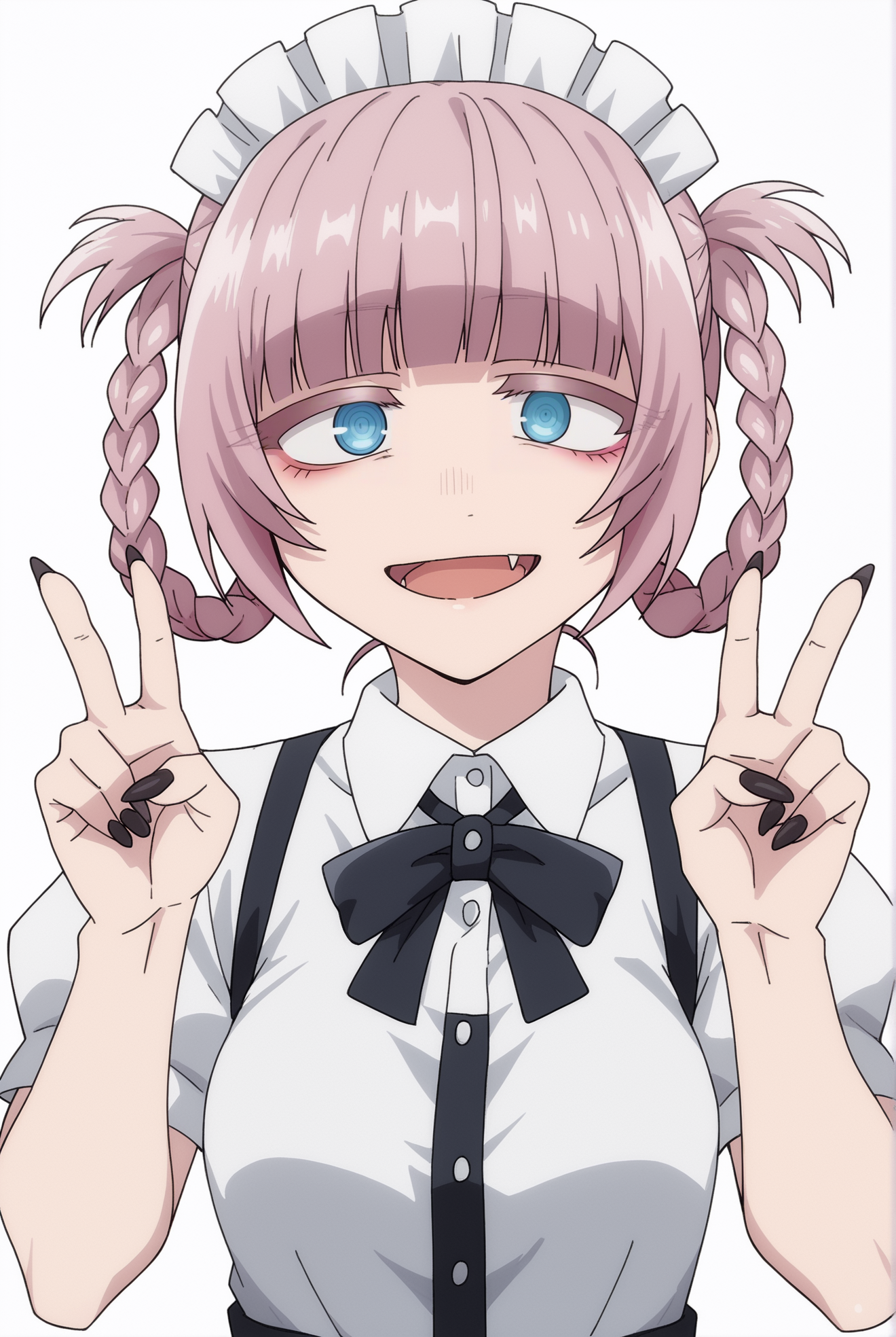 <lora:Nazuna_Nanakusa:0.8>, white background, Nazuna Nanakusa, 1girl, solo, looking at viewer, smile, open mouth, shirt, white shirt, upper body, fingernails, maid, maid headdress, v, black nails, double v, ringed eyes, braided hair rings