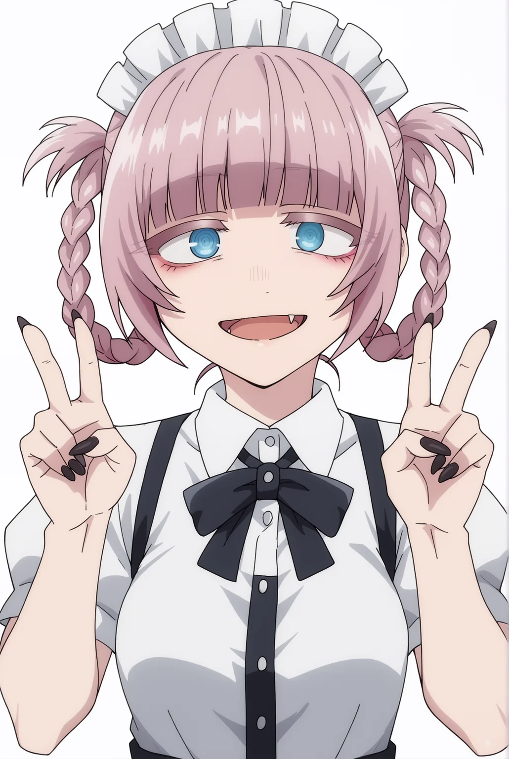 <lora:Nazuna_Nanakusa:0.8>, white background, Nazuna Nanakusa, 1girl, solo, looking at viewer, smile, open mouth, shirt, white shirt, upper body, fingernails, maid, maid headdress, v, black nails, double v, ringed eyes, braided hair rings