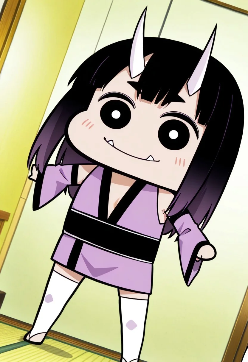 best quality, masterpiece, anime screencap, anime coloring, ultra detailed, source_anime, intricate details, perfect anatomy, 1girl, solo, looking at viewer, from front,
sdotaru, black eyes, long hair, bangs, horns, chibi, oni horns, oni, fangs, japanese clothes, sash, bare shoulders, kimono, obi, sleeveless kimono, purple kimono, detached sleeves, thighhighs, foot, barefoot, jewelry, zettai ryouiki, legs, japanese clothes, oni, facing viewer,
dynamic angle, dynamic pose,