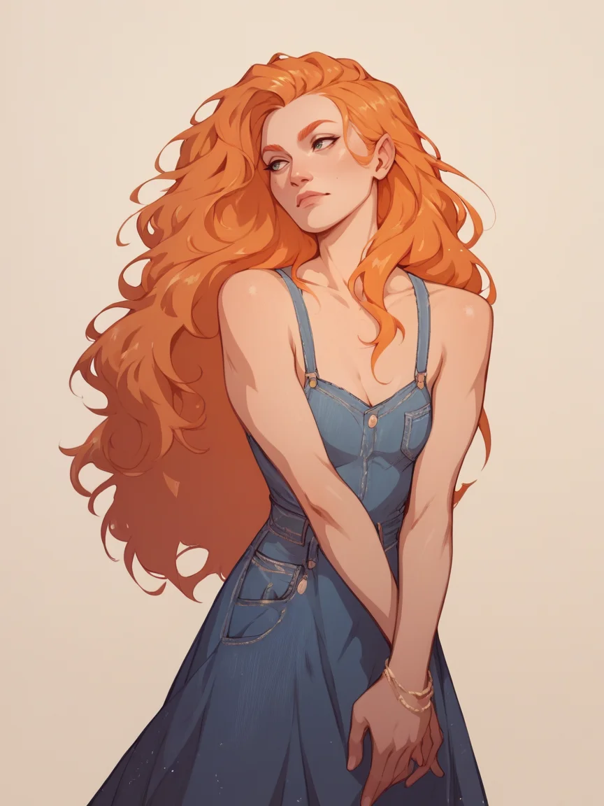 score_9, score_8_up, score_7_up, score_6_up, score_5_up,   <lora:p1ckl3XLP:1> p1ckl3, 1girl, long hair, ginger hair, denim dress